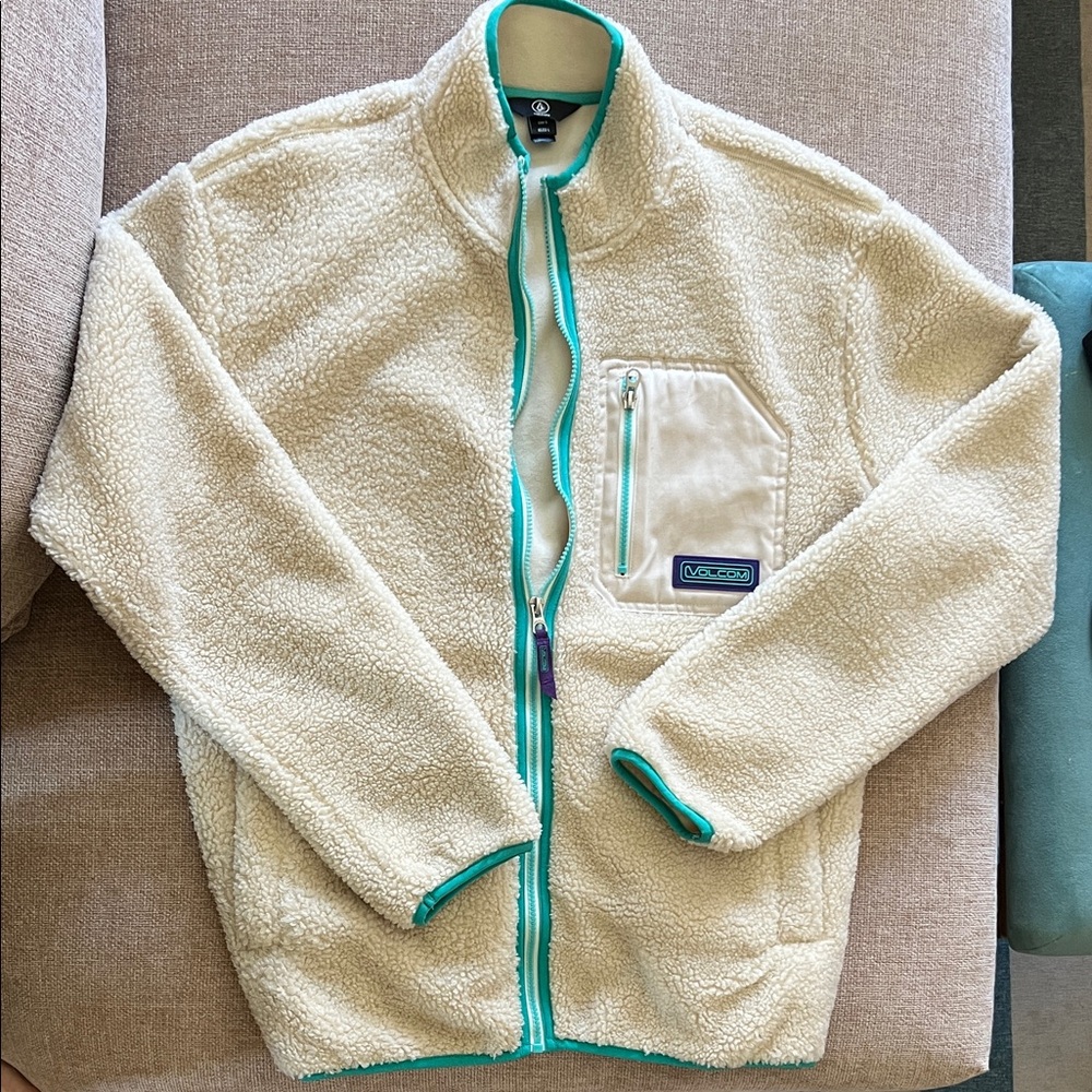 Volcom Cream Fleece Jacket with Teal Accents